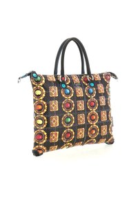 Borsa a tracolla con motivo nero, caratterizzata da vivaci design circolari e quadrati in oro, rosso e blu. Chiusura con cerniera e doppi manici.