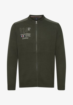 Cardigan zip-up verde scuro con lavorazione a maglia testurizzata, polsini e orlo a coste. Presenta un ricamo di testo bianco e colorato sul lato sinistro del petto.