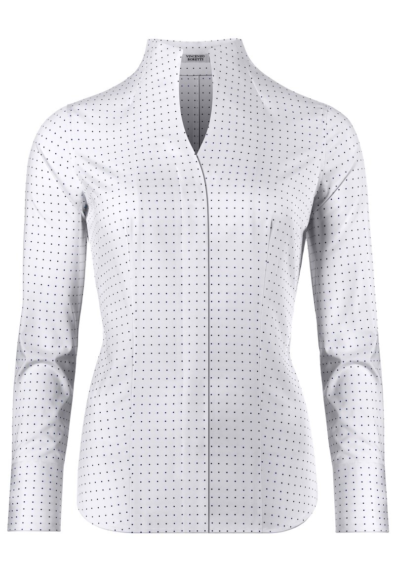 Witte blouse met lange mouwen en marineblauwe stippen, voorzien van een opstaand kraagje en een slanke pasvorm met subtiele zijnaadjes.