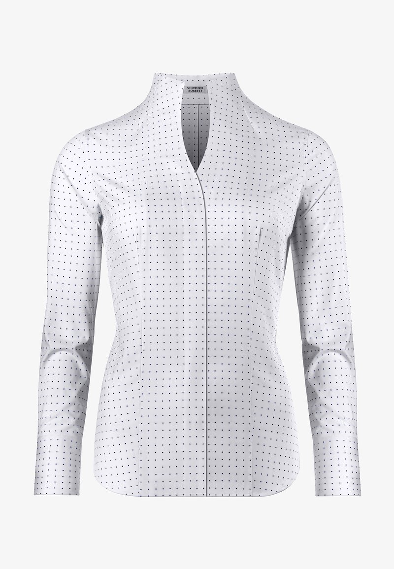White long-sleeve shirt with navy blue polka dots, featuring a mandarin collar and a streamlined fit with subtle side seams.