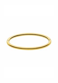 Gouden metalen bangle armband met een gladde afwerking, met een naadloos ontwerp en een lichte opening voor gemakkelijke opening en sluiting.