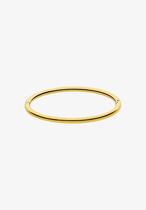 Bracelet en métal doré, avec une finition lisse, présentant un design sans couture et un léger espace pour une ouverture et une fermeture faciles.