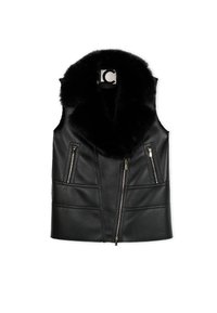 Chaleco de cuero negro con cuello de piel sintética, con bolsillos con cremallera y un diseño ajustado que resalta los detalles de costura estructurada.