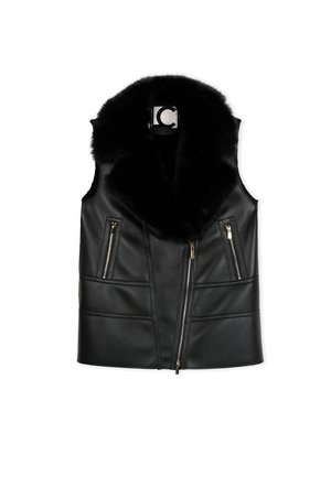 Sort lædervest med en faux fur krave, der har lynlåslommer og en tætsiddende design, som fremhæver strukturerede syningsdetaljer.