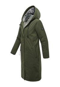 Long green parka jacket with quilted gray lining, adjustable hood, zipper closure, and two side pockets. Features a logo on the sleeve.