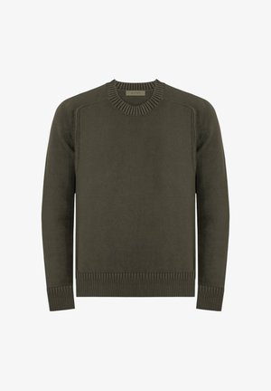 Maglione verde oliva a maglia con scollo rotondo a coste, cuciture delle spalle strutturate e polsini e orlo a coste. Design semplice e dritto.