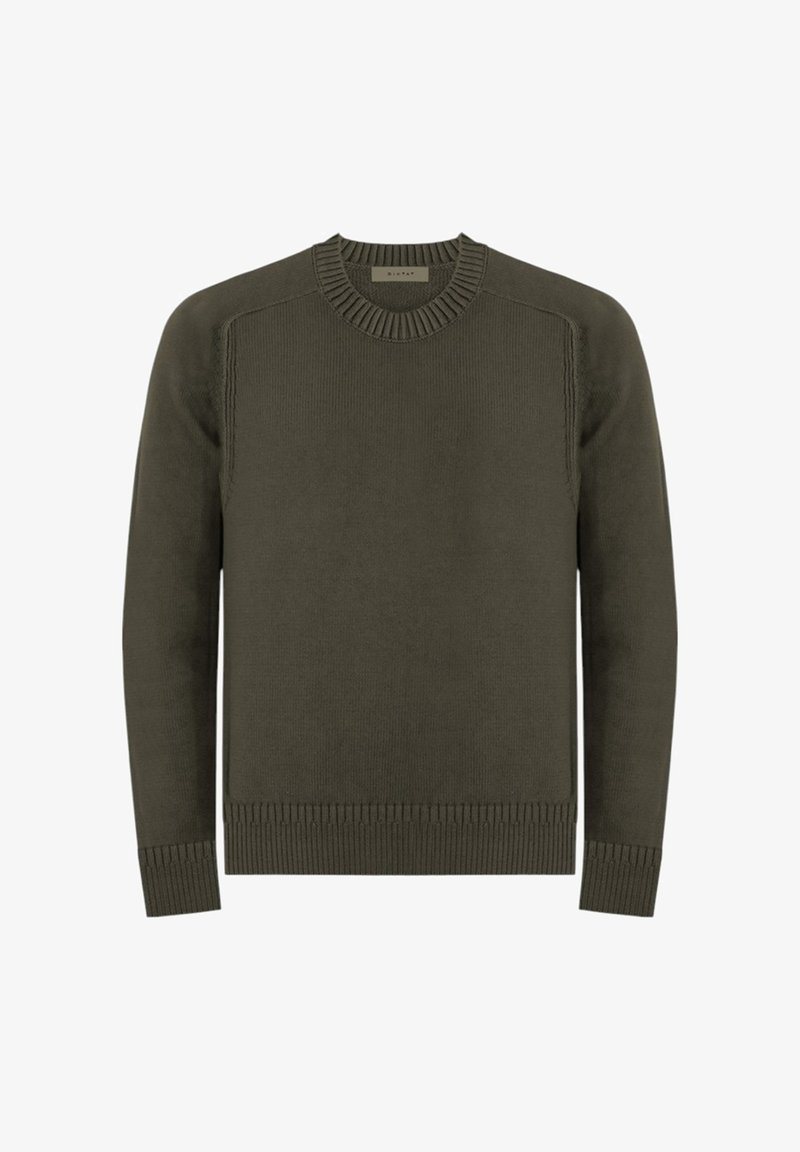 Maglione verde oliva a maglia con scollo rotondo a coste, cuciture delle spalle strutturate e polsini e orlo a coste. Design semplice e dritto.