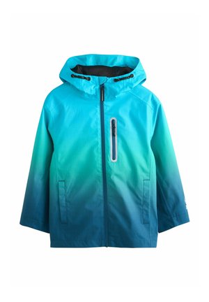 Jachetă impermeabilă cu gradient de albastru spre verde-albăstrui, cu glugă, fermoar frontal, buzunar la piept și buzunare laterale, potrivită pentru purtarea în aer liber.