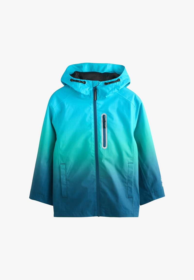 Chaqueta impermeable con capucha, cremallera frontal, bolsillo en el pecho y bolsillos laterales, en degradado de azul a verde azulado, adecuada para uso al aire libre.