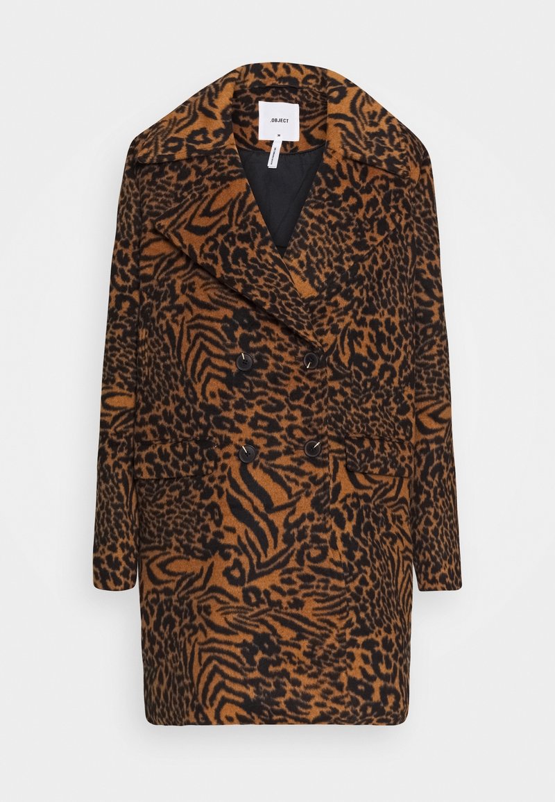 Manteau mi-long croisé avec larges revers et motif animalier marron et noir, doté de poches avant et de boutons noirs.