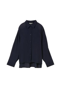 Marineblauwe, langärmsgem shirt met een kraag en knopen. Het materiaal lijkt lichtgewicht met een gestructureerde afwerking. Heeft een iets langere achterkant.