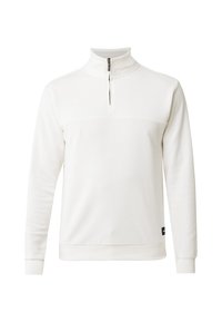 Vit, långärmad polotröja med hög krage och halvmeterdragkedja. Strukturerad tyg, ribbade detaljer vid ärmslut och fåll, minimal logotypdetalj.