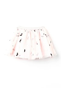 Růžová tylová sukně s vícestupňovým designem, ozdobená černými a růžovými leopardími skvrnami a elastickým pasem. Lehká a vzdušná textura.