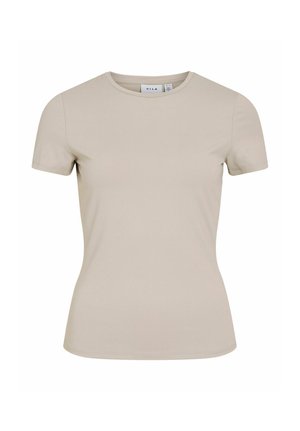 Beige, kortærmet, tætsiddende T-shirt med rund hals og synligt mærke indeni kraven, vist på hvid baggrund.