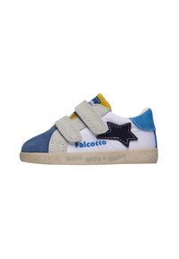 Baskets pour enfants bleues et grises avec des panneaux blancs, dotées de scratchs, d'un accent en forme d'étoile et du logo "Falcotto" sur le côté.