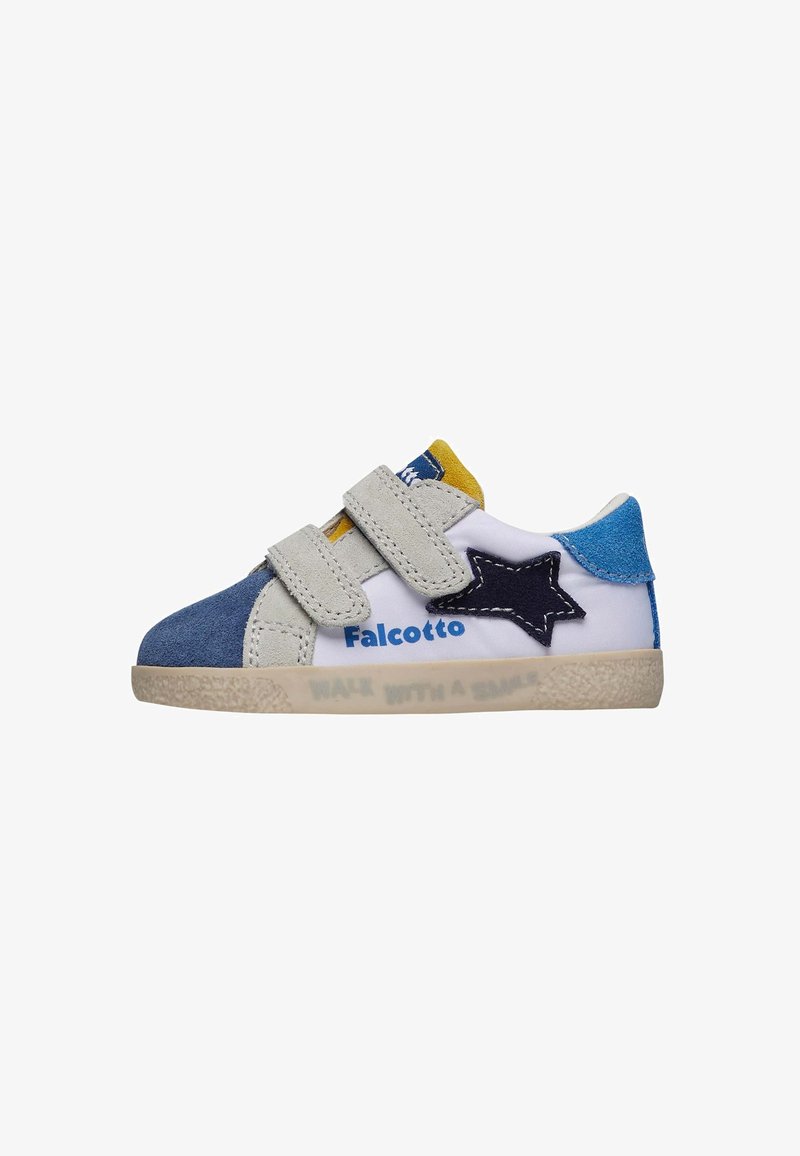 Blaue und graue Kindersneaker mit weißen Einsätzen, ausgestattet mit Klettverschlüssen, einem Sternakzent und dem "Falcotto"-Logo an der Seite.