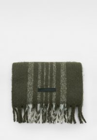 Temnozelen šal iz volne z belimi črtami, z fru fru robovi in majhno črno oznako. Mehek material in pravokotna oblika.