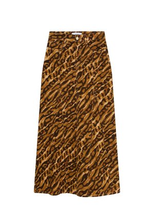Midi sukně s leopardím vzorem v odstínech hnědé a béžové, s knoflíkovým zapínáním, poutky na opasek a čtyřmi kapsami, s rovný styl.