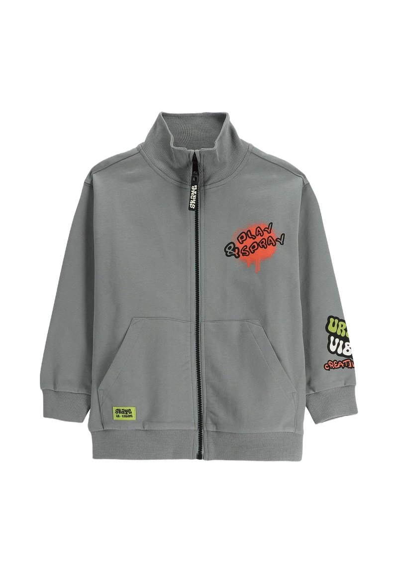 Szara kurtka zapinana na zamek błyskawiczny z wysokim kołnierzem. Posiada graficzny napis w kolorze czerwonym i zielonym, dwie przednie kieszenie oraz ściągacze na rękawach. Wykonana z miękkiego materiału.