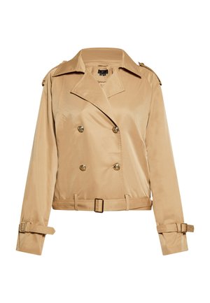 Beige cropped trenchcoat lavet af glat stof med dobbeltknap-guldknapper, brede revers og bælte ved manchetter og talje.