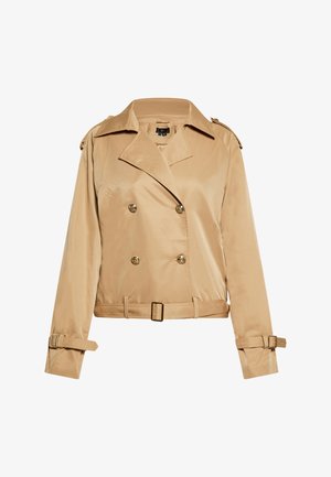 Beige cropped trenchcoat lavet af glat stof med dobbeltknap-guldknapper, brede revers og bælte ved manchetter og talje.