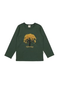 Langärmliges grünes T-Shirt aus weichem Stoff mit einem gelben Baum-Graphic und dem Text "Herbstzauber" in einer geschwungenen Schriftart.