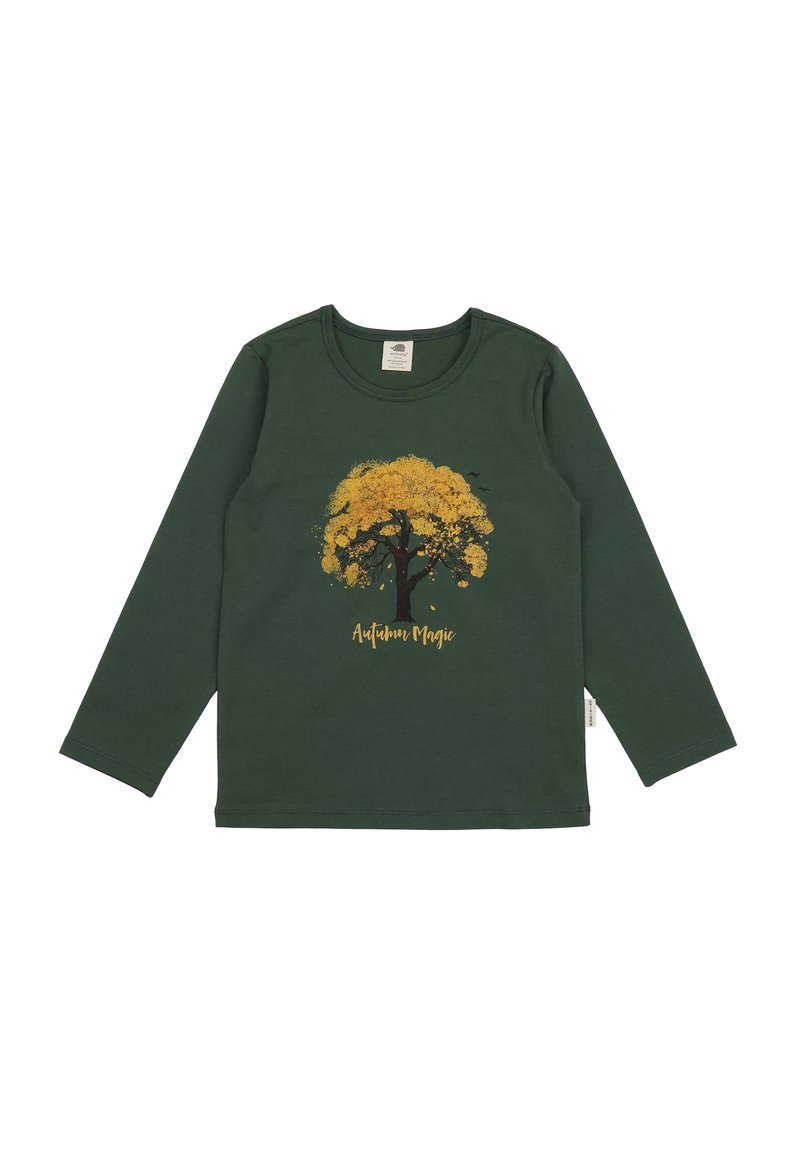 Langärmliges grünes T-Shirt aus weichem Stoff mit einem gelben Baum-Graphic und dem Text "Herbstzauber" in einer geschwungenen Schriftart.