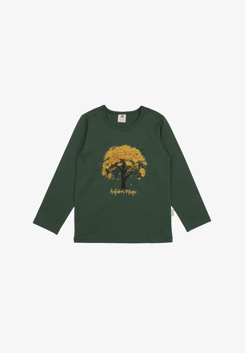 Langärmliges grünes T-Shirt aus weichem Stoff mit einem gelben Baum-Graphic und dem Text "Herbstzauber" in einer geschwungenen Schriftart.