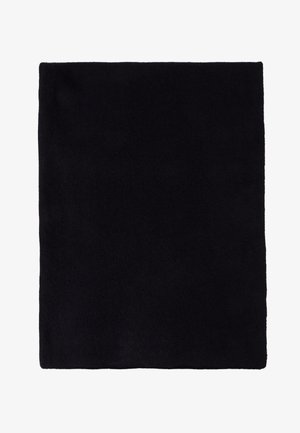 Coperta rettangolare nera in un morbido tessuto di lana testurizzato. I bordi sono rifiniti in modo pulito, offrendo un design semplice e moderno.