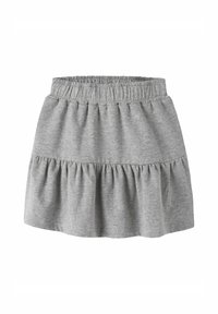 Siva jersejeva krila z elastičnim pasom, ki ima ruffle plastni dizajn. Gladka tekstura z sproščenim, razširjenim silhueto.