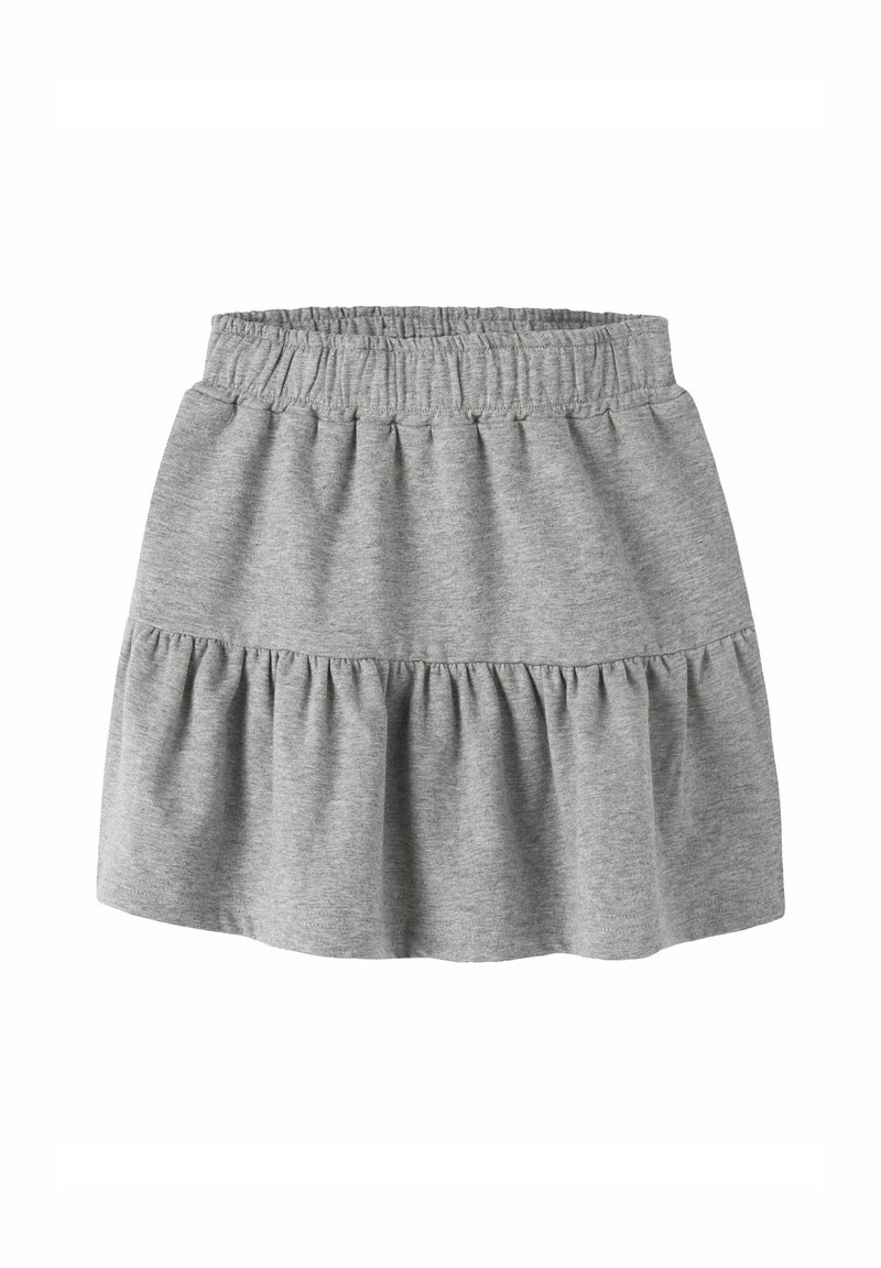 Siva jersejeva krila z elastičnim pasom, ki ima ruffle plastni dizajn. Gladka tekstura z sproščenim, razširjenim silhueto.