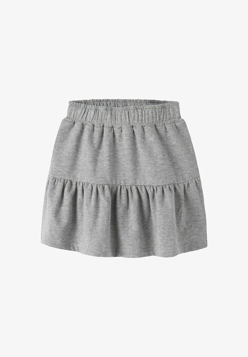 Siva jersejeva krila z elastičnim pasom, ki ima ruffle plastni dizajn. Gladka tekstura z sproščenim, razširjenim silhueto.