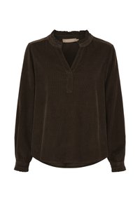 Mørkebrun langærmet bluse med rynket halsudskæring, V-udskæring og rynkede manchetter i et blødt stof.