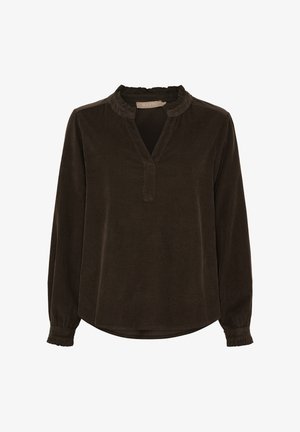 Mørkebrun langærmet bluse med rynket halsudskæring, V-udskæring og rynkede manchetter i et blødt stof.
