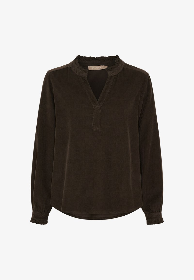 Mørkebrun langærmet bluse med rynket halsudskæring, V-udskæring og rynkede manchetter i et blødt stof.