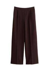 Pantalones marrones de pierna ancha que presentan una tela suave y ligera con detalles de pliegues y una cinturilla elástica para mayor comodidad.