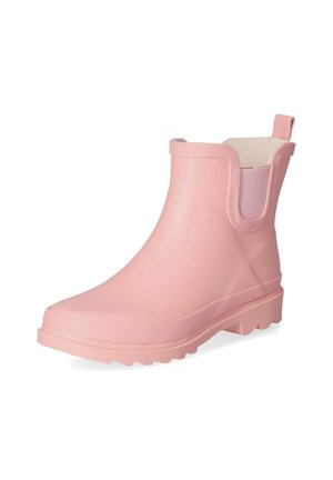 Pinkfarbener Gummi-Knöchelregenstiefel mit strukturierter Sohle, elastischen Seitenteilen und Zuglasche hinten, für nasses Wetter entworfen.