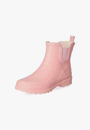 Różowy gumowy kalosz za kostkę z profilowaną podeszwą, elastycznymi panelami bocznymi i pętelką z tyłu, przeznaczony na mokrą pogodę.