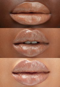 Three close-up images of lips in various shades of nude, featuring glossy textures, full shapes, and smooth surfaces.
