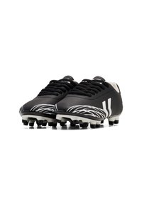 Zwarte voetbalschoenen met een gestructureerde bovenkant, witte accenten en een opvallend golfpatroon. Heeft zes gestipte tractionpunten op de zool.