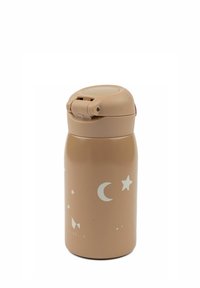 Geïsoleerde roestvrijstalen fles in zacht beige met witte patroon van sterren en manen, een veilige flip-top dop en een gladde, matte afwerking.