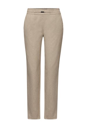 Beige, slim-fit broeken met een comfortabele elastische tailleband. Gemaakt van zachte stof, met eenvoudige naden en zonder extra versieringen.
