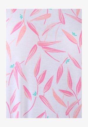 Foglie allungate rosa e pesca con piccoli accenti turchesi sparse su uno sfondo bianco, formando un delicato motivo botanico.