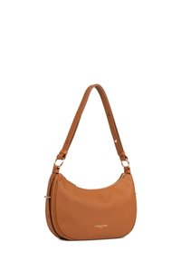 Sac à épaule en cuir tan avec ferrures dorées et fermeture à zip, marqué "Lancaster Paris" au centre avant.