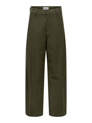 Olivgrüne Hose mit weitem Bein, Gürtelschlaufen, Frontreißverschluss und Knopfverschluss, im Bund innen mit "ONLY"-Label.