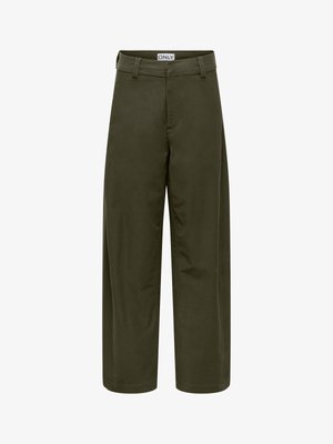 Olivgrüne Hose mit weitem Bein, Gürtelschlaufen, Frontreißverschluss und Knopfverschluss, im Bund innen mit "ONLY"-Label.