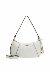 Weißes Lederhandtasche mit strukturiertem Oberflächen, schwarzen Akzenten und goldenen Beschlägen. Verfügt über einen Schulterriemen und einen abnehmbaren Umhängegurt.