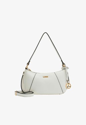 Weißes Lederhandtasche mit strukturiertem Oberflächen, schwarzen Akzenten und goldenen Beschlägen. Verfügt über einen Schulterriemen und einen abnehmbaren Umhängegurt.