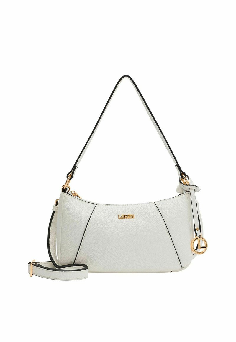 Weißes Lederhandtasche mit strukturiertem Oberflächen, schwarzen Akzenten und goldenen Beschlägen. Verfügt über einen Schulterriemen und einen abnehmbaren Umhängegurt.