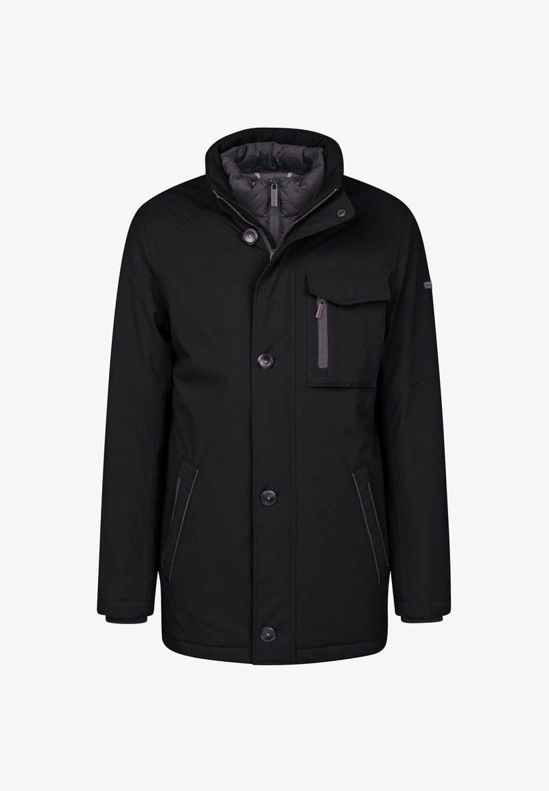 Schwarze Jacke aus wasserabweisendem Material, mit hohem Kragen, vorderem Knopfverschluss und mehreren Taschen mit kontrastierenden Steppnähten.